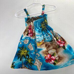RJC Hawaiian Dress 3T Blue Smocked Tropical Floral Made Hawaii Cotton Sleeveless